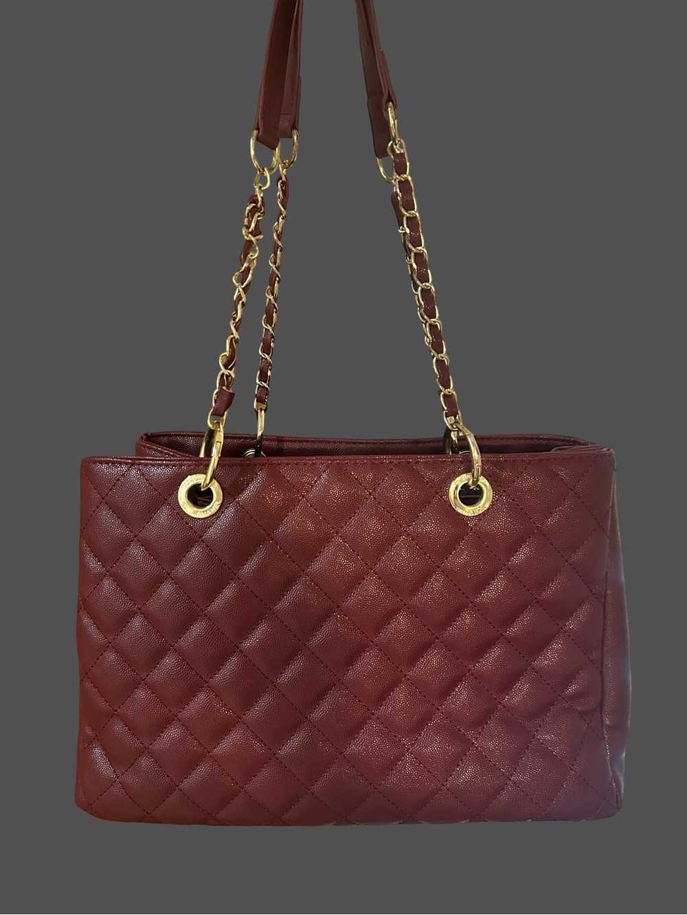 Quilted Wine Leather Shoulder Bag with Gold Chain Handles